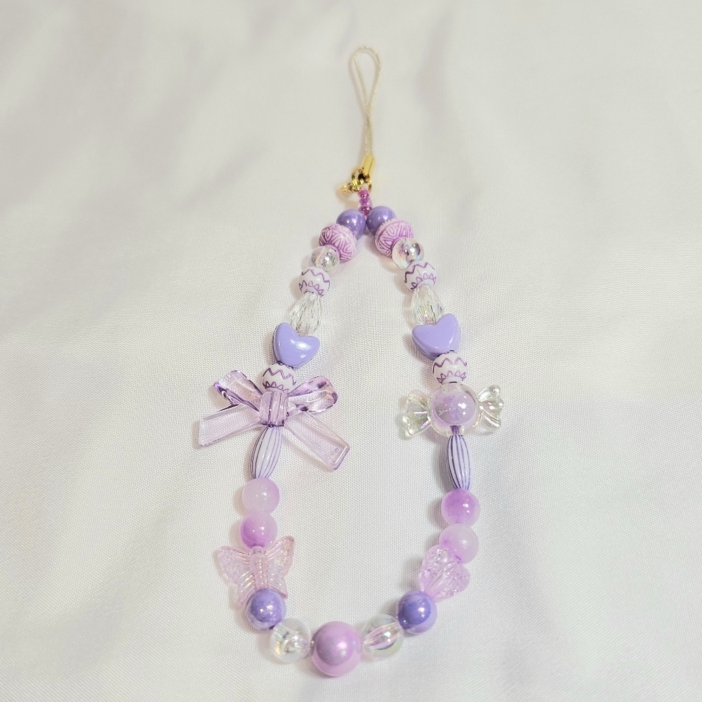 Set of Purple Lilac Lavander Beaded Phone Charm, Keychain, Badge, Purse Charm - Picture 2 of 6
